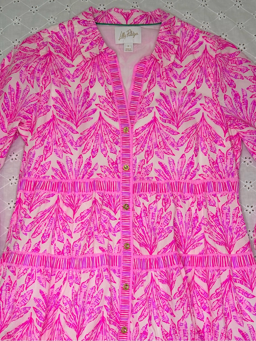 Lilly Pulitzer Angie Tiered Shirtdress Pink Bliss Shady Babe Palm Print Size 8
